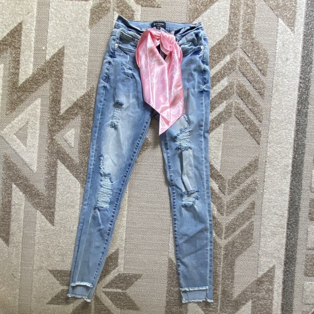 Juicy Couture Women's Blue Denim Skinny Jeans Distressed Logo 5-Pocket Button